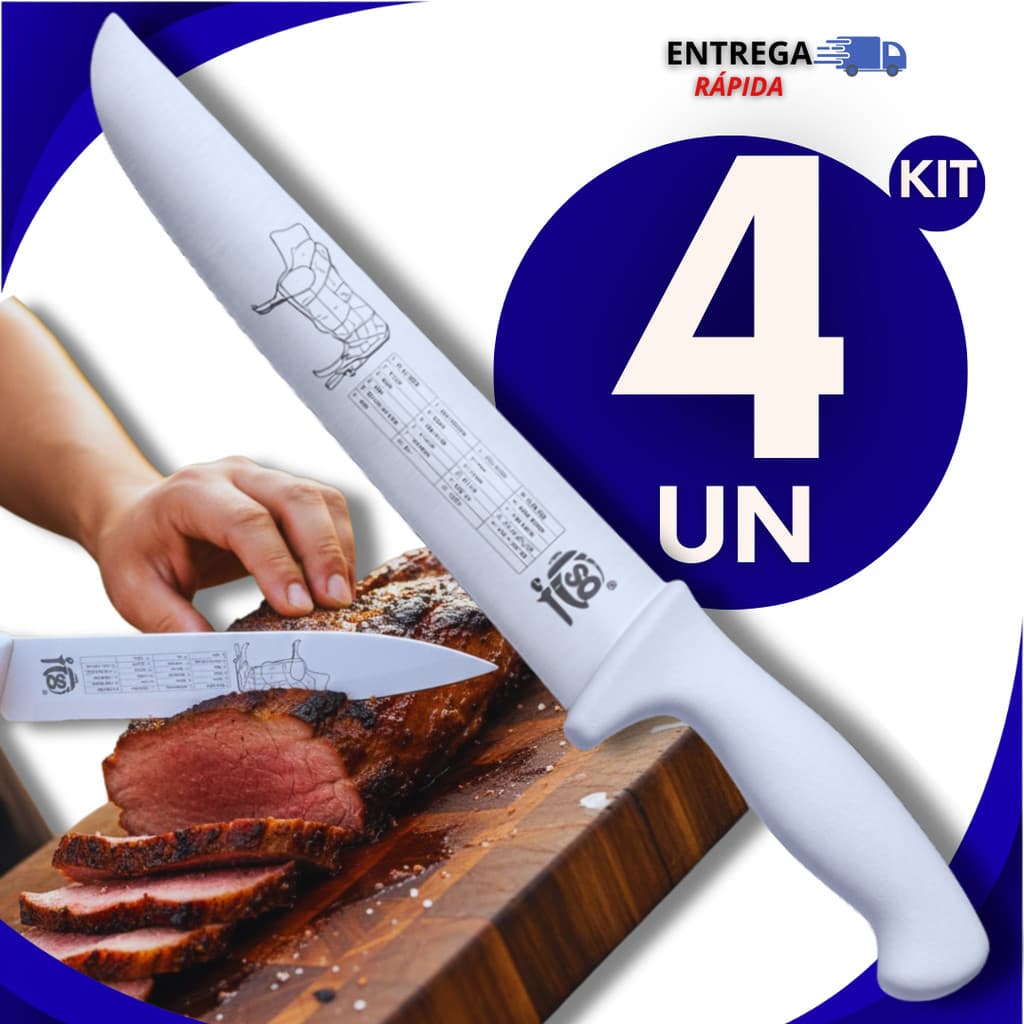 Jogo 4 Facas Carne Chef Aço Cabo Branco 10" Profissional Churrasco Entre as melhores facas de cozinha Premium Utilidades
