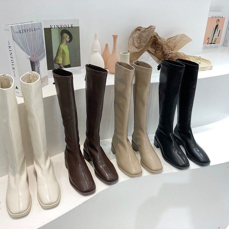Bota Montaria Feminina Cano Alto Salto Grosso Quadrado Couro Sintetico PU Com Ziper Traseiro Antiderrapante Luxo