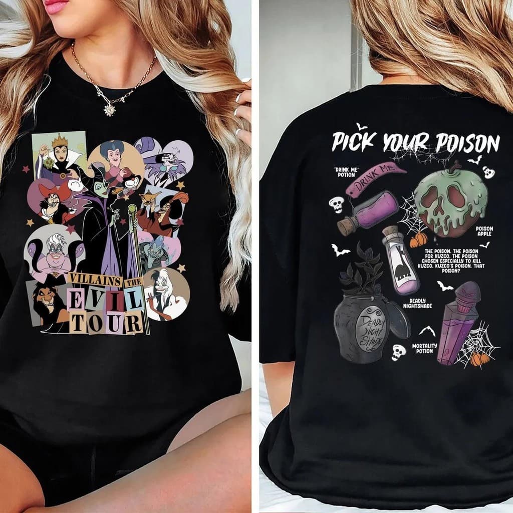 Camiseta Masculina e Feminina Algodão Oversized Estampa Frontal de Vilões da Disney e Verso com "PICK YOUR POISON"