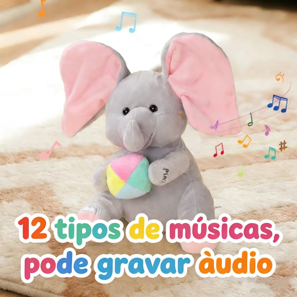Elefante De Pelúcia Musical Interativo Peek-A-Boo Com Orelhas Móveis Para Bebês Recém-Nascido
