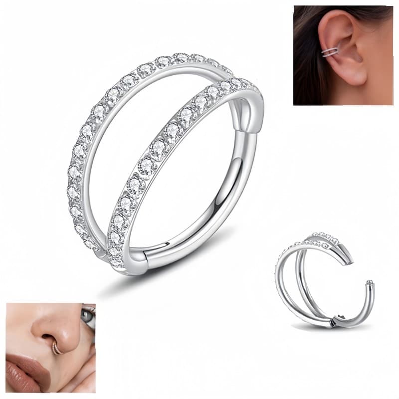 Anel Piercing De Aço Inoxidável Com Dobradiça De Zircônia De Fileira Dupla Ideal Para Helix Septo Nasal , Cochlea E Nari