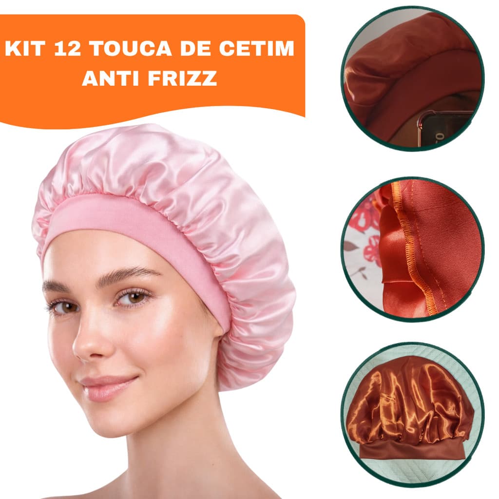Kit 12 Touca de Cetim  para Dormir Antifrizz – Cabelos Lisos e Cacheados