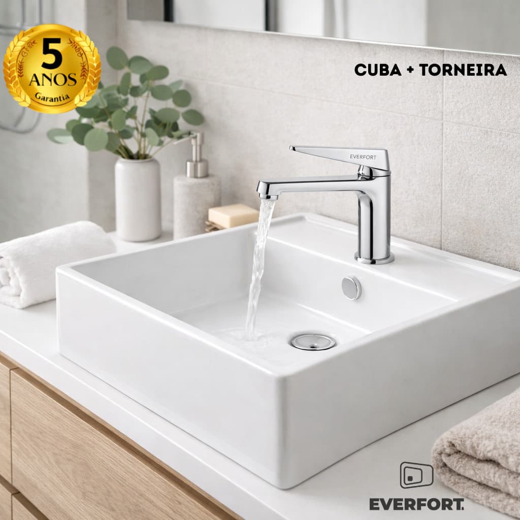 KIT Cuba Pia P/ Banheiro Quadrada Lavabo Apoio Sobrepor  100% louça  + Torneira Monocomando Bica Baixa  Quente e Fria