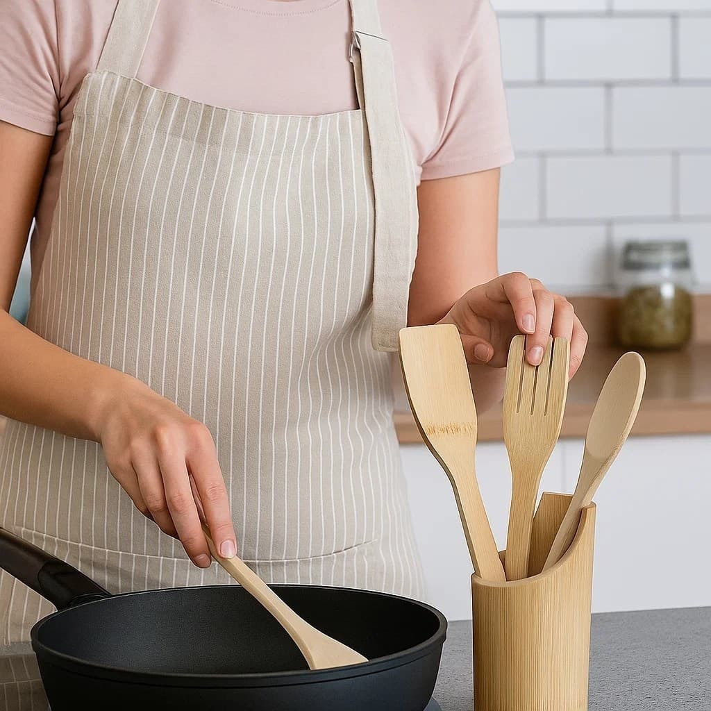 Kit Bambu 5 Peças Colher Espátula Talheres Cozinha Natural Sustentável Sem Riscar