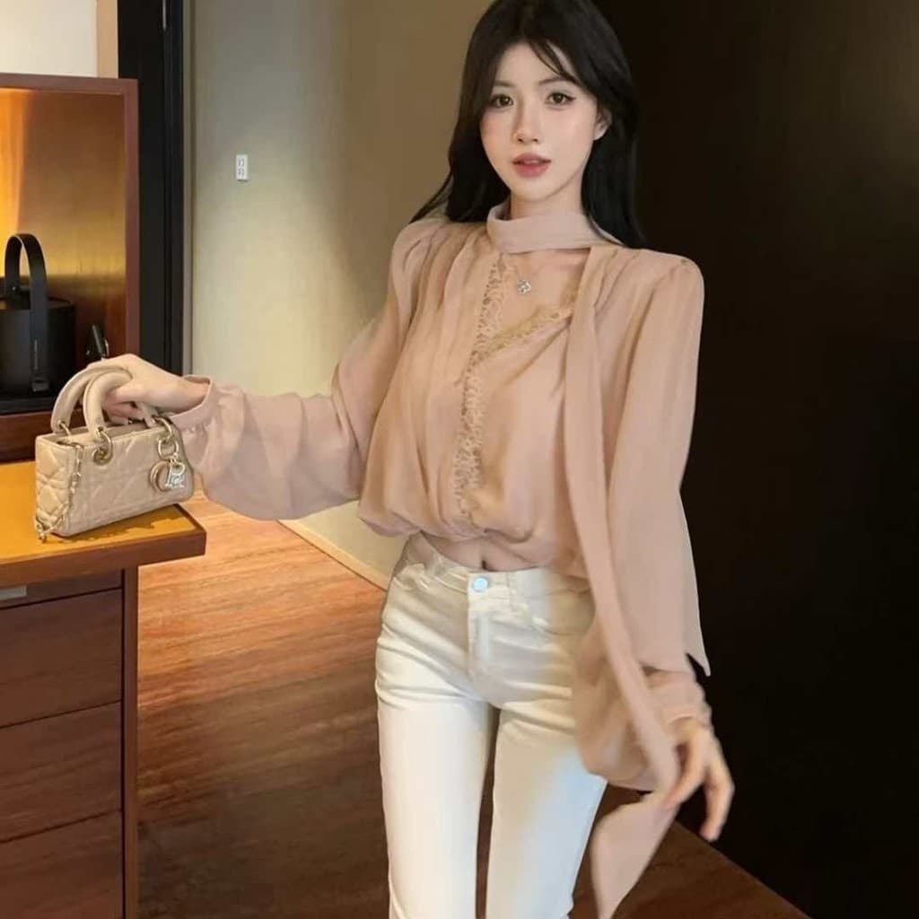 Francês estilo suave temperamento Halter pescoço Streamer Chiffon camisa pequena feminina primavera Design renda guarniç