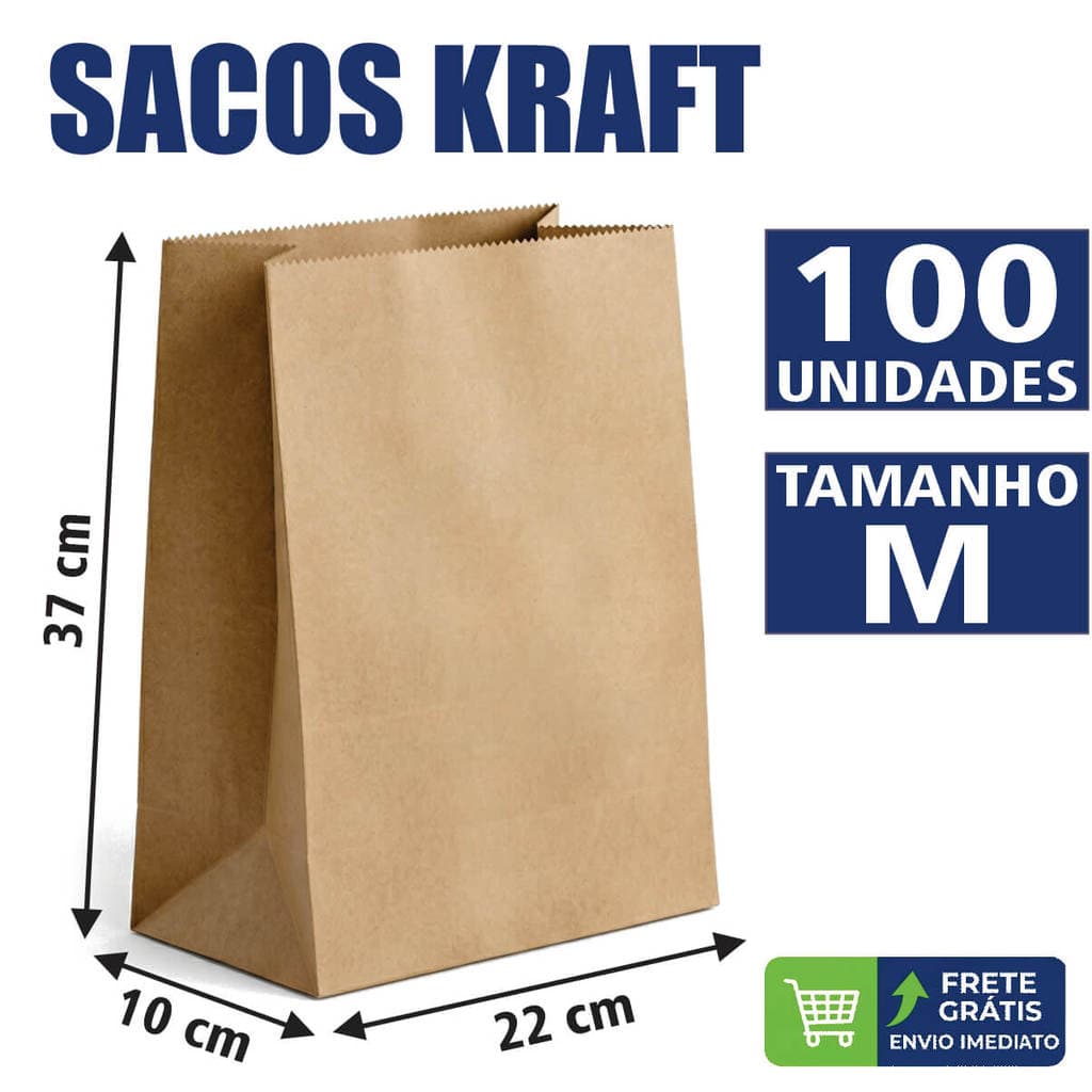Kit 100 Saco Kraft Delivery Reforçado 37x22x10cm Liso SOS Para Lanches Hamburguer Doces iFood