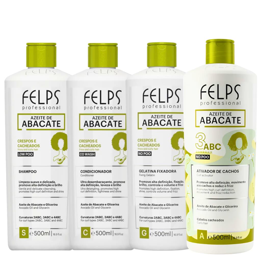 Kit Shampoo+Cond+Gelatina Fixadora+Ativador de Cacho Felps Alta Definição Efeito Memória Finalização
