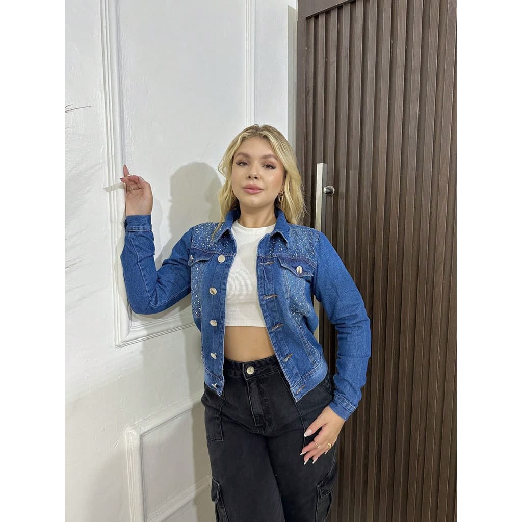Jaqueta Jeans Feminina Com Strass Prata Brilho Pedraria Casaco Tendência Blogueira Balada Shows