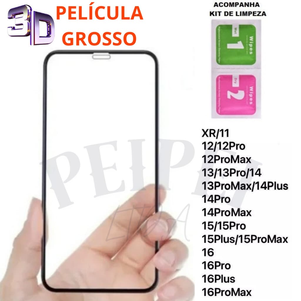 PELÍCULAS GROSSO DE VIDRO 3D PARA IPHONE MODELOS PARA IOS XR 11 12 13 14 15 16 PRO MAX