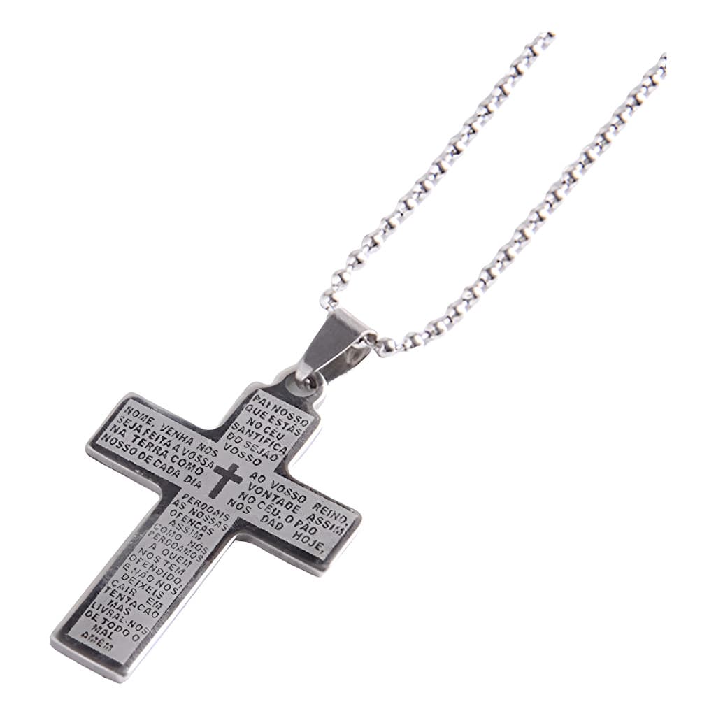 Corrente Colar Pingente Cruz Pai Nosso Religioso Em Aço Inox