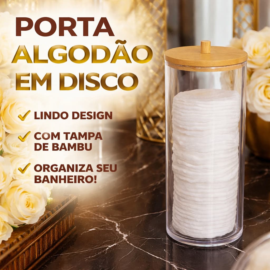 Porta Algodão Redondo Disco De Acrílico Com Tampa de Bambu Organizador Maquiagem Organização