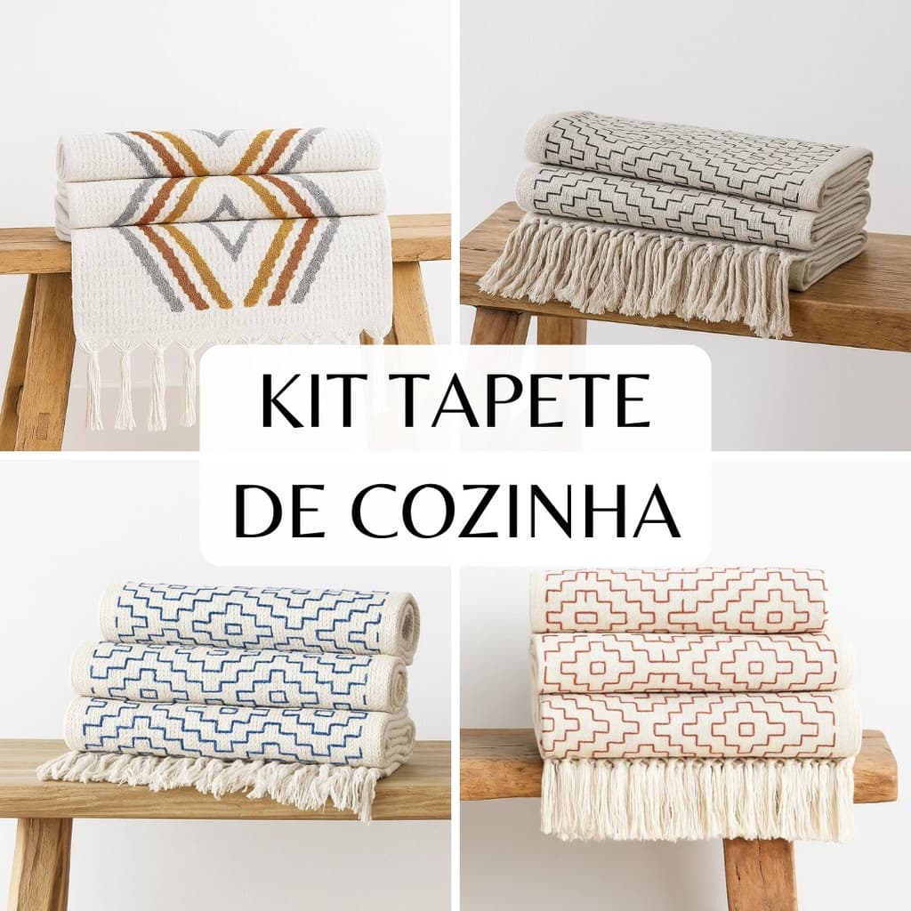 Kit tapete cozinha 100% algodão com passadeira geometric 3pç