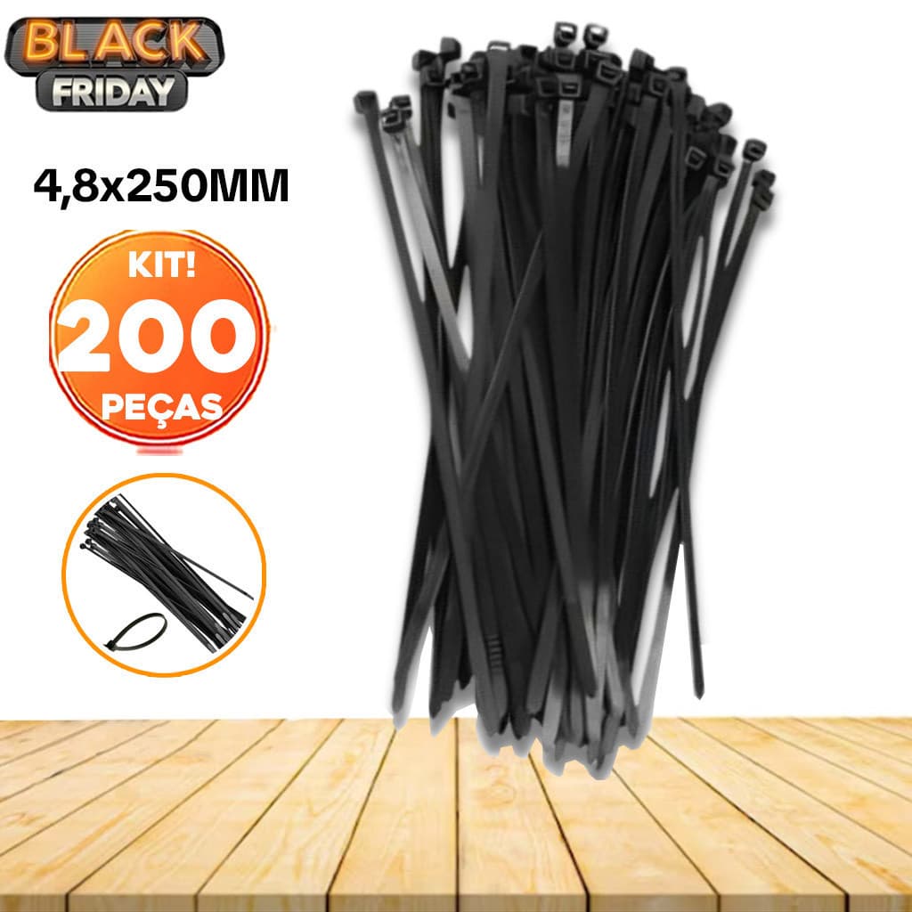 Kit 200 Braçadeiras de Nylon 4,8 x 250 mm - Enforca Gato / Língua de Sogra | Fixador de Cabos e Organizador de Fios