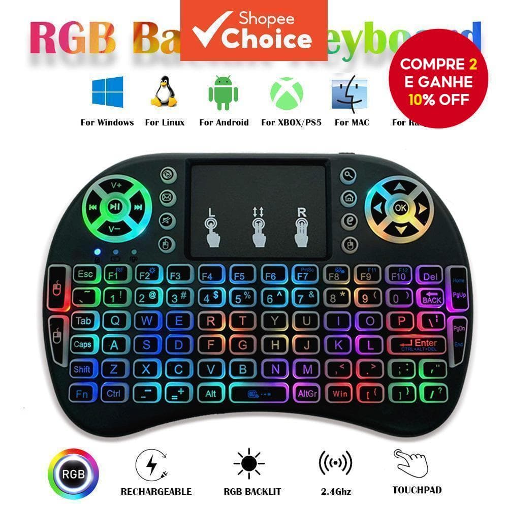 I8 Mini Teclado Sem Fio 2.4G Inglês Lítio RGB Colorido Retroiluminado Air Mouse Com Touchpad Para Android TV Box PC