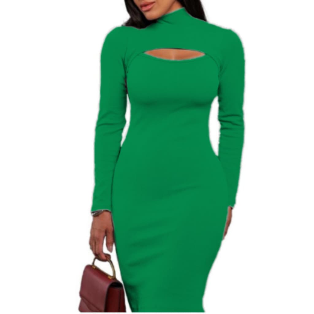 Vestido Manga Longa Decote Gola Alta Canelado Tubinho Inverno