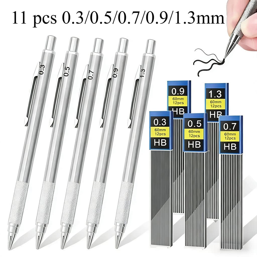 11 peças/Set recarga de lápis mecânico 0.3/0.5/0.7/0.9/1.3/2.0mm escola escrita arte pintura ferramenta Metal papelaria