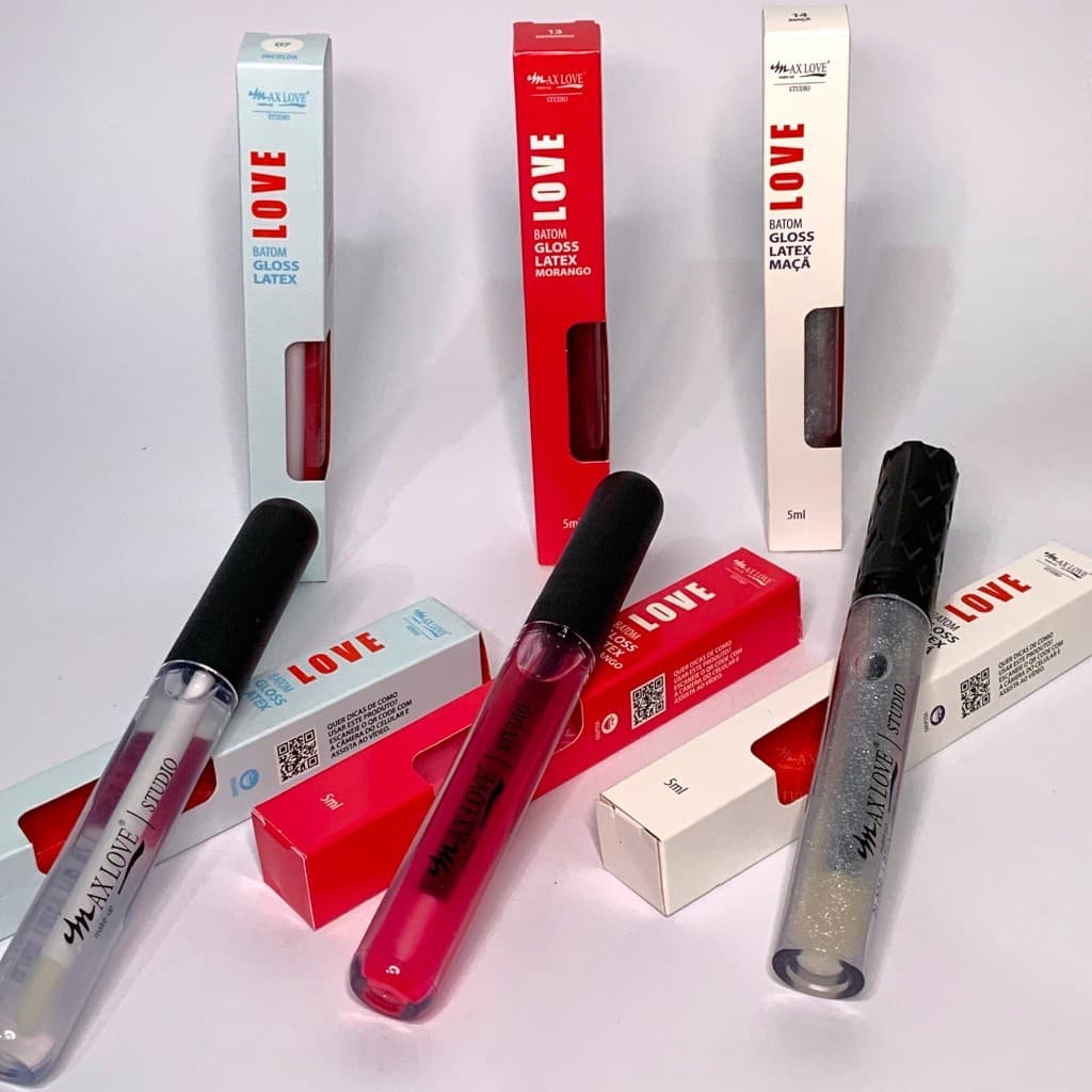 Kit 6 Batom Gloss Latex Max Love Maçã Morango Incolor Brilho Intenso Translúcido Hidratação