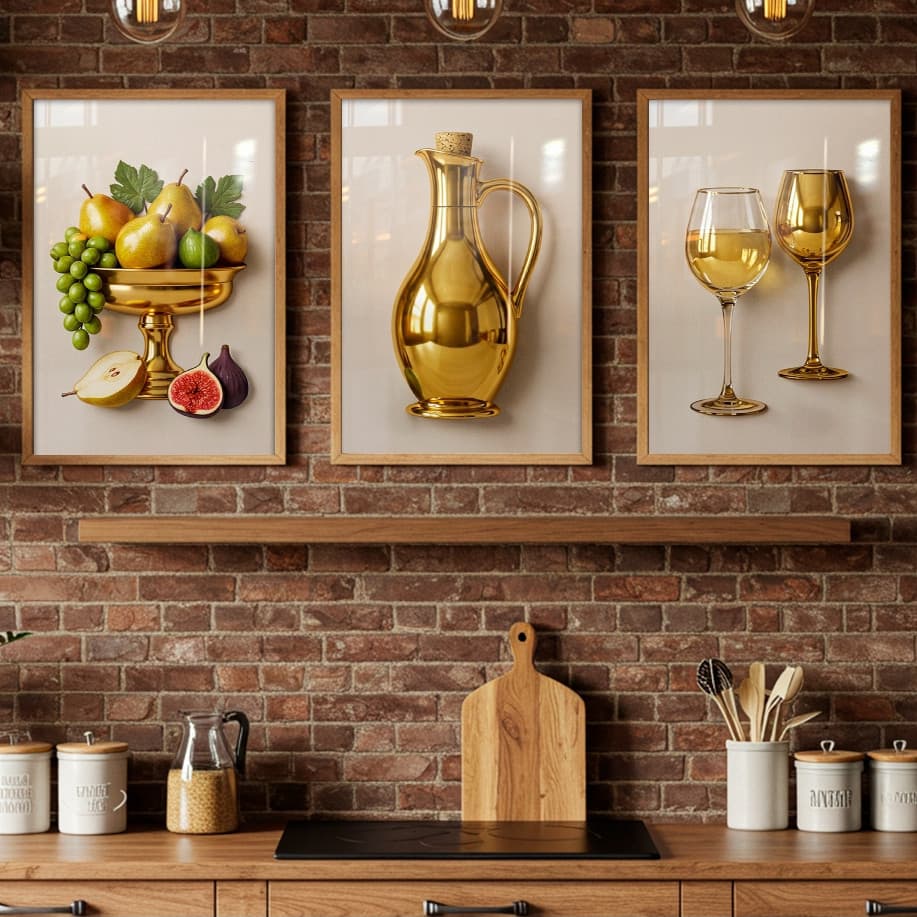 Quadros Decorativo Trio para Cozinha Cantinho Frutas Jarra Vinho Dourado e Branco