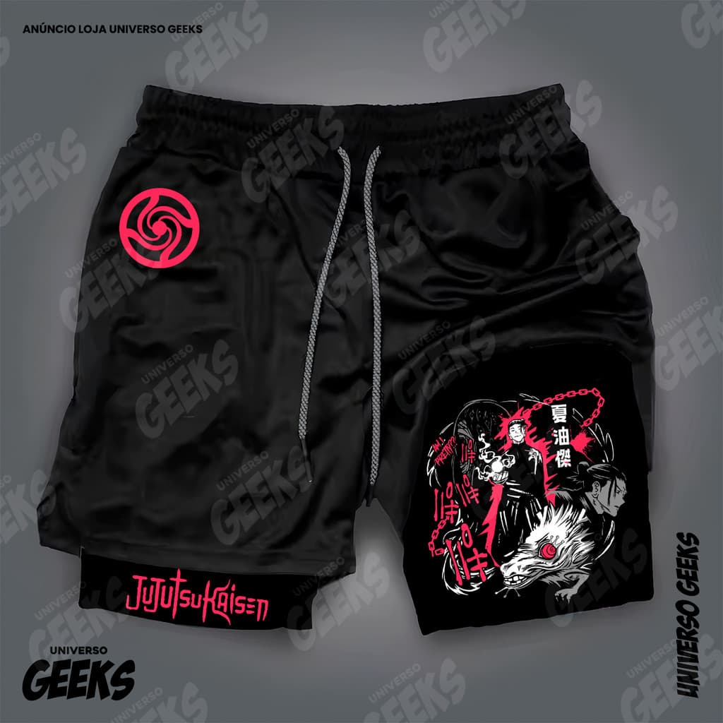 Short 2 em 1 Compressão  Dry-Fit Estampado Satoru Gojo Itadori Sukuna Nobara Maki Jujutsu Kaisen Anime Geek Gym Fitness
