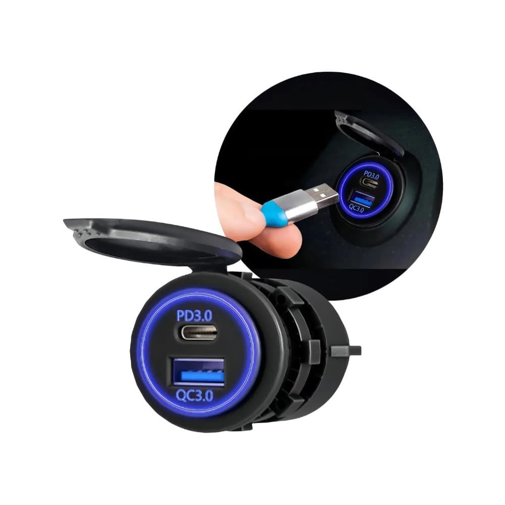 Carregador de Celular Automotivo Tomada USB e Tipo C Pd3.0 Com Led Azul - Roadstar RS107-3UBR