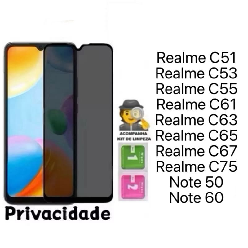 Película de vidro 3D Privacidade Anti Spy Para Realme C51 C53 C55 C61 C63 C65 C67 C75 Note 50 60