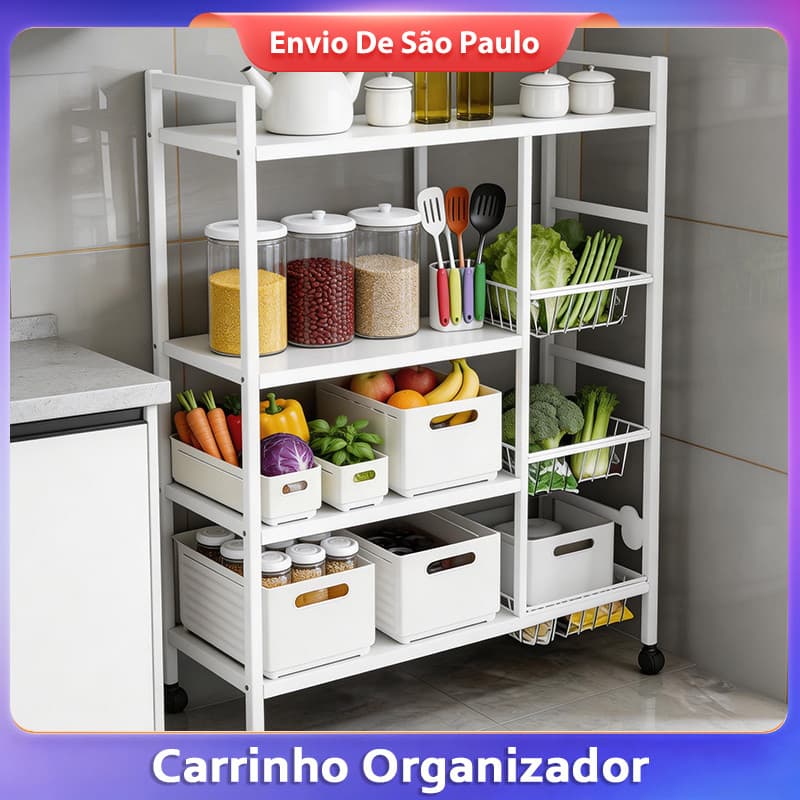 Fruteira De Chão Cozinha Estante Para Microondas Organizador  Carrinho Alto Ajustável de 4 Andares + 3 Cestos