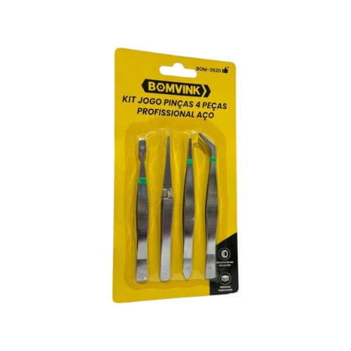 Kit 4 Pinças Profissionais em Aço Inox – Anti-magnético, Antiderrapante, Para Eletrônica, Artesanato e Precisão