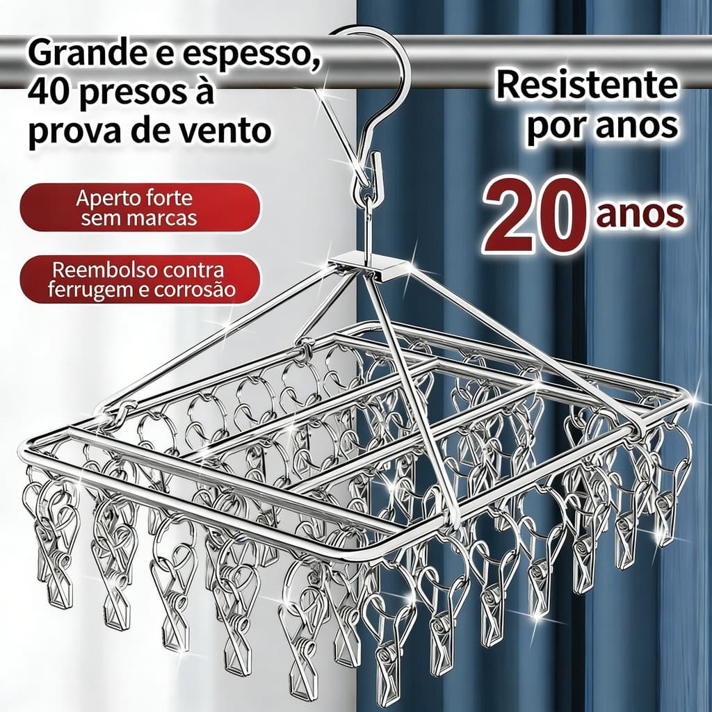 Varal De 40 Clipes Inox Prendedores Pratico E Retrátil Cabide Para Roupas Intimas e Meias