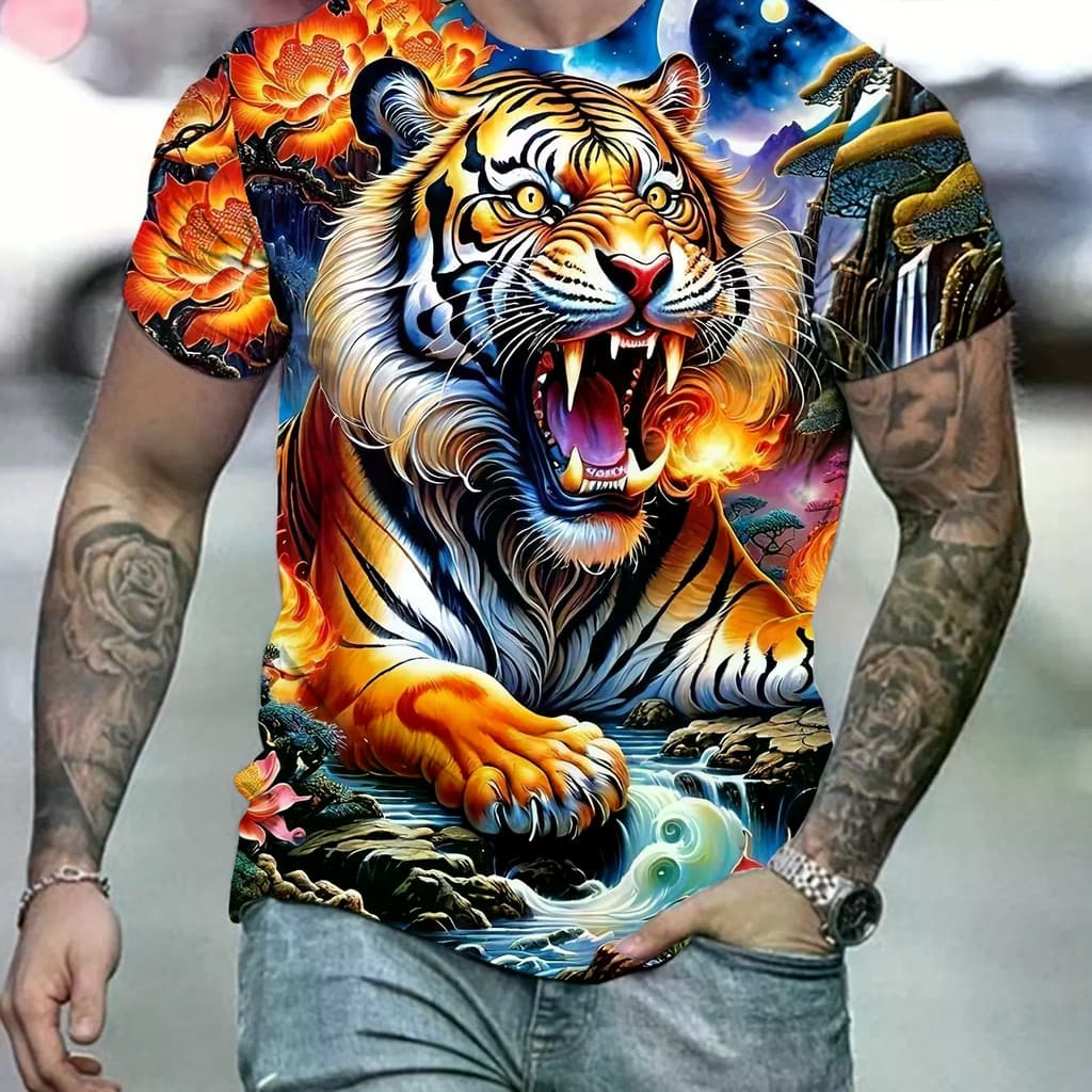 Camiseta Com Estampa De Tigre 3D , Camisas Masculinas De Animais , Verão , Manga Curta , Pulôver Masculino , Camisetas D