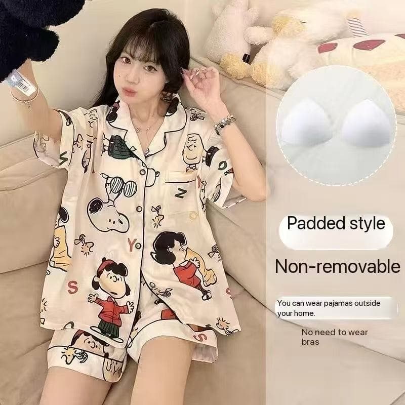 Conjunto de Pijama de Charlie Brown do Anime Cartoon Snoopy para Mulheres, Novo Verão, Shorts de Manga Curta Estilo Core