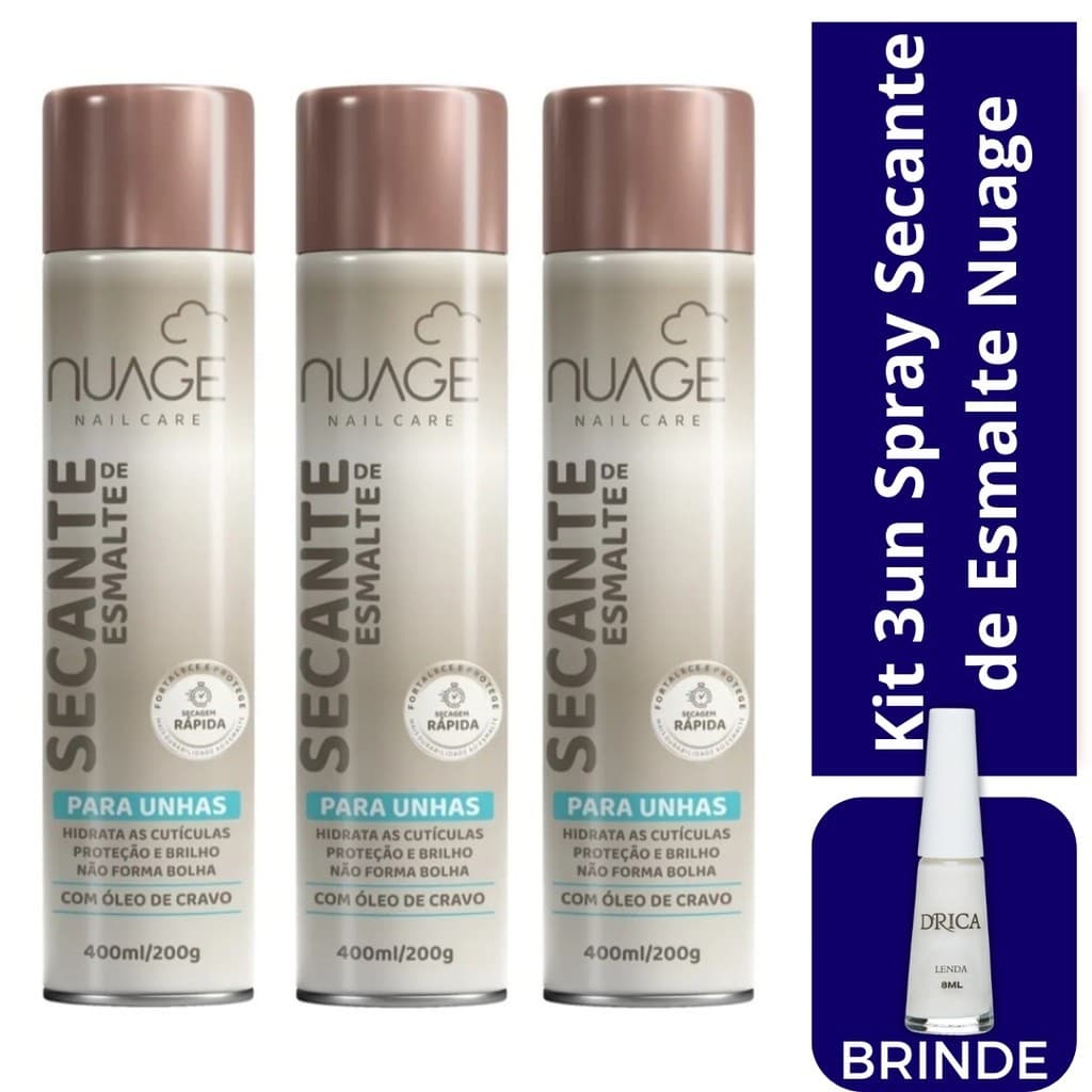 Kit 03un Spray Secante de Esmalte para Unhas 400ml NUAGE + Brinde Esmalte Lenda Drica