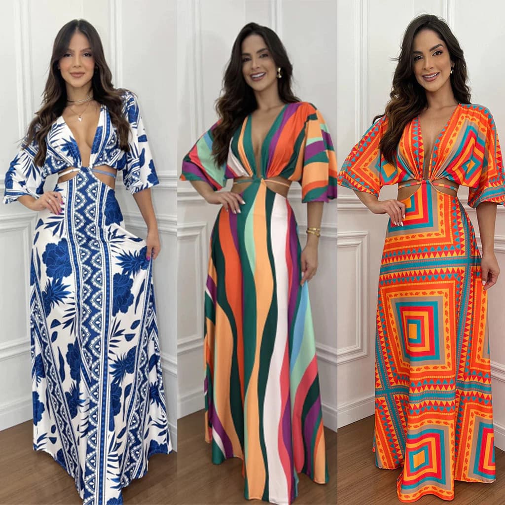 Vestido Longo Feminino Festa com Recortes Laterais de Amarração Nas Costas