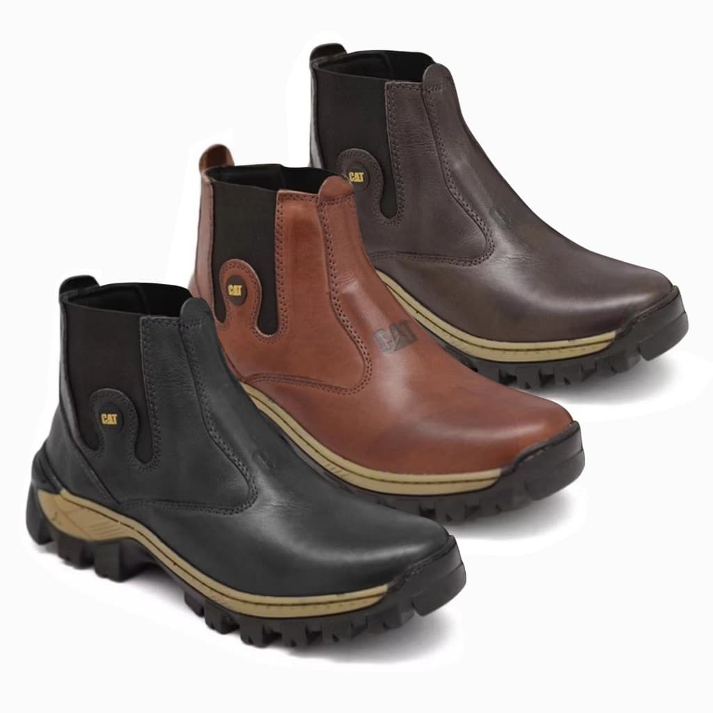 KIt com 3 Pares de Botina  CAT Masculina Adventure De Couro Confortável Impermeável Solado Antiderrapante Super Leve