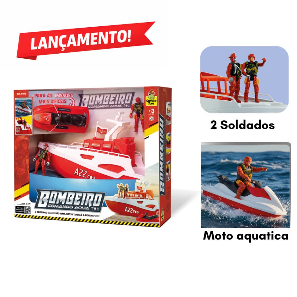 Lancha Infantil Bombeiro ou Polícia com Acessórios Barco de Resgate Samba Toys