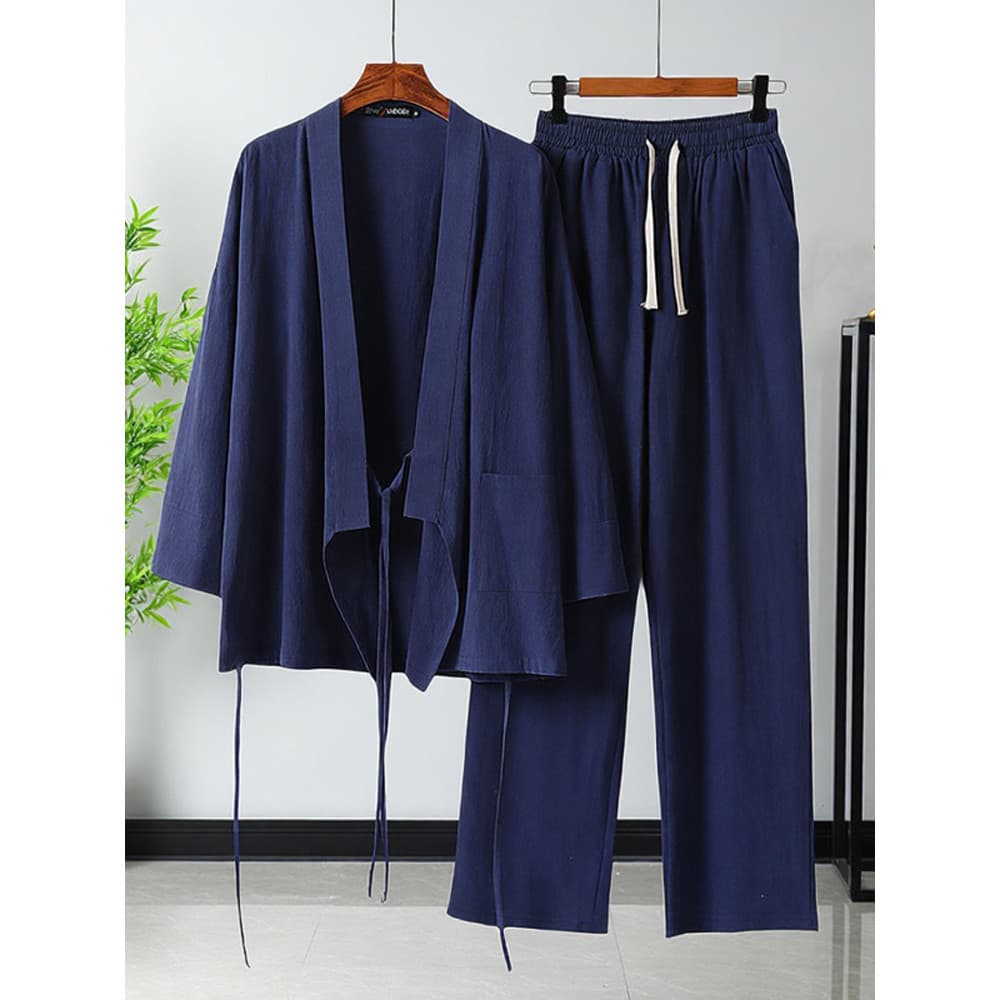 Terno masculino 2025 novo estilo outono puro algodão linho de manga comprida pijamas masculinos taoísta Robe layman roup
