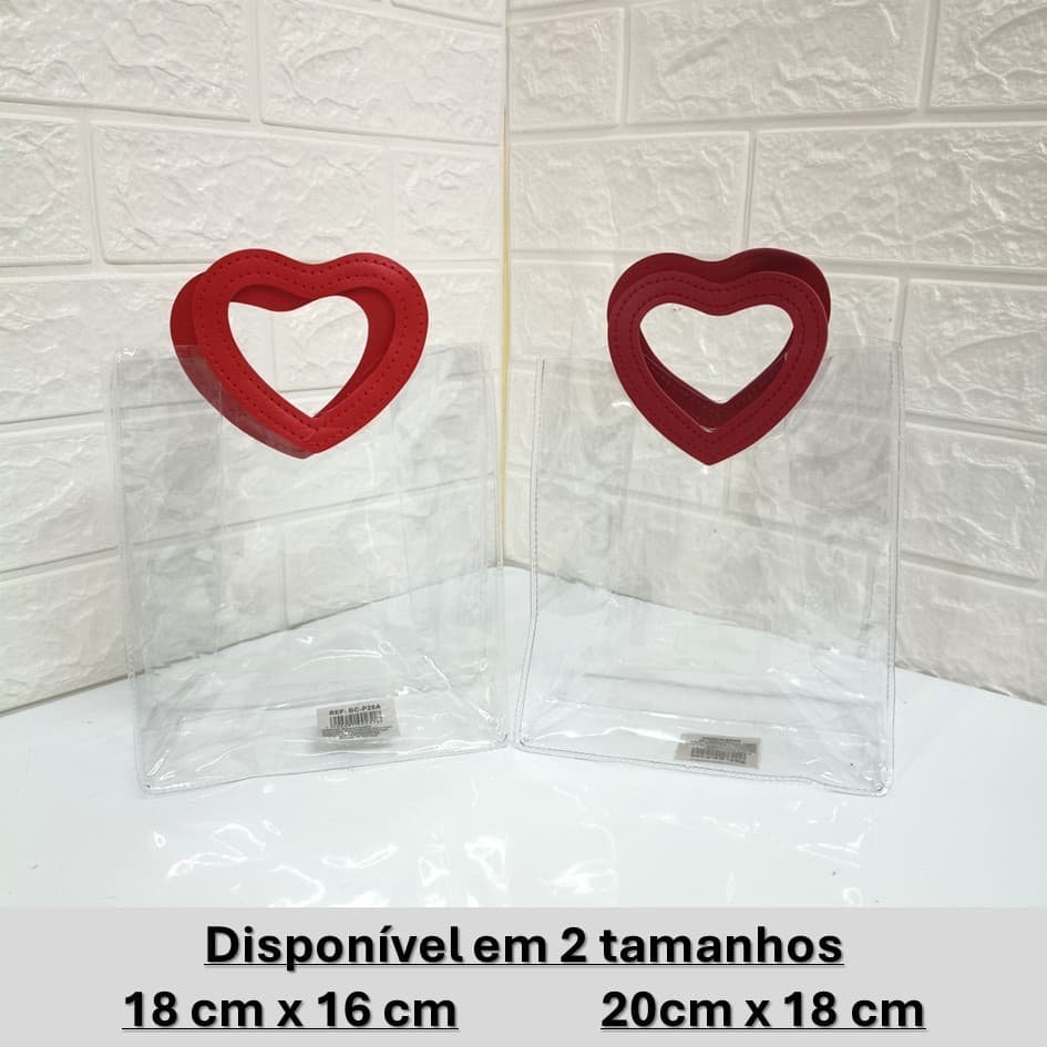 Kit 5, 10 ou 20 Sacolas Bolsas Alça Coração Transparentes 16x18x8 ou 20x18x10
