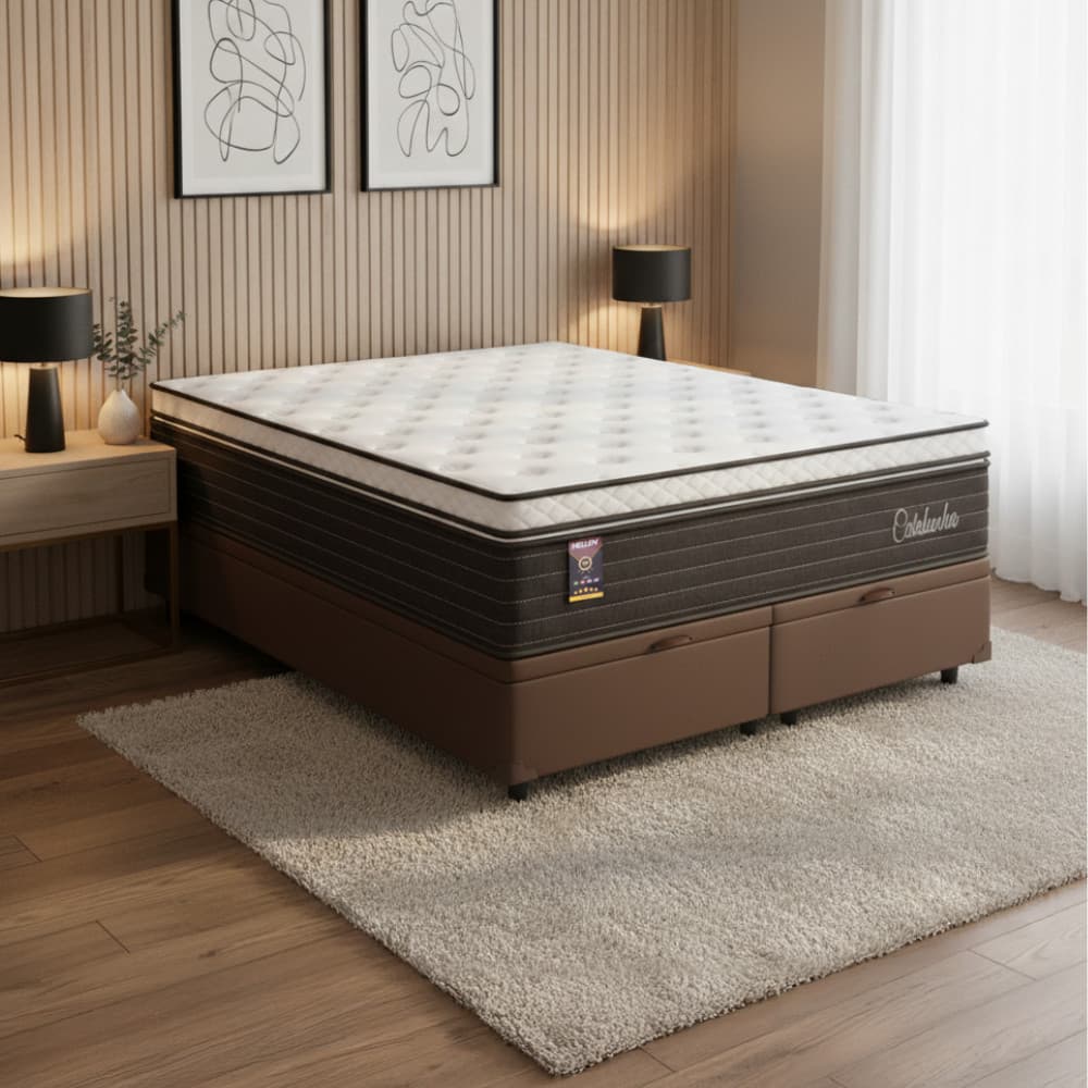 Cama Box Baú Casal Colchão Queen Catalunha Molas Ensacadas 158x198x36cm