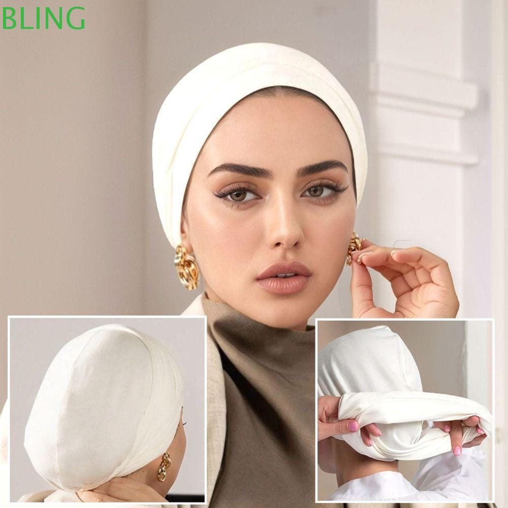 BLING Lenço Muçulmano , Chapéu Hijab Instantâneo Elástico De Cauda Longa , Faixa De Cabeça Plissada De Algodão De Cetim