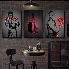 Quadros Decorativo 3 peças 60x40 Alta Resolução Full HD  Neon luvas de boxe, Mike Tyson e Muhammad decoração academia