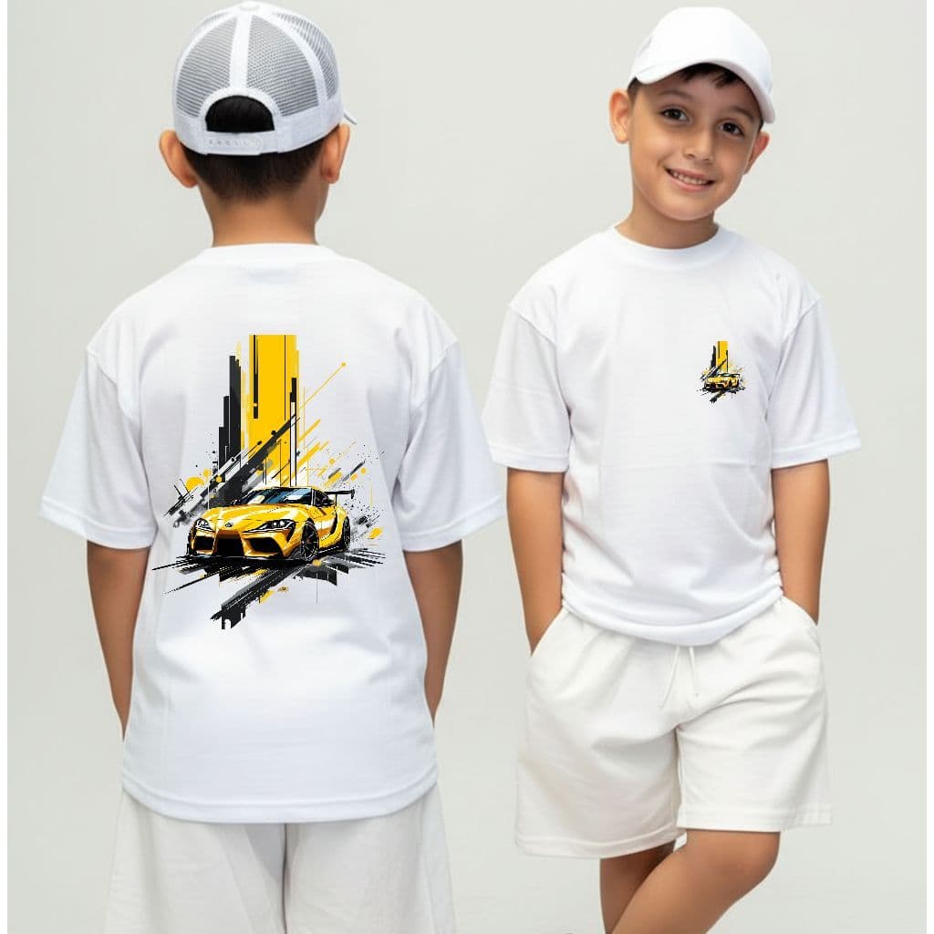 Camiseta Infantil Malha 30.1 100% Algodão Camisa Juvenil Estilosa Divertida Carro Amarelo