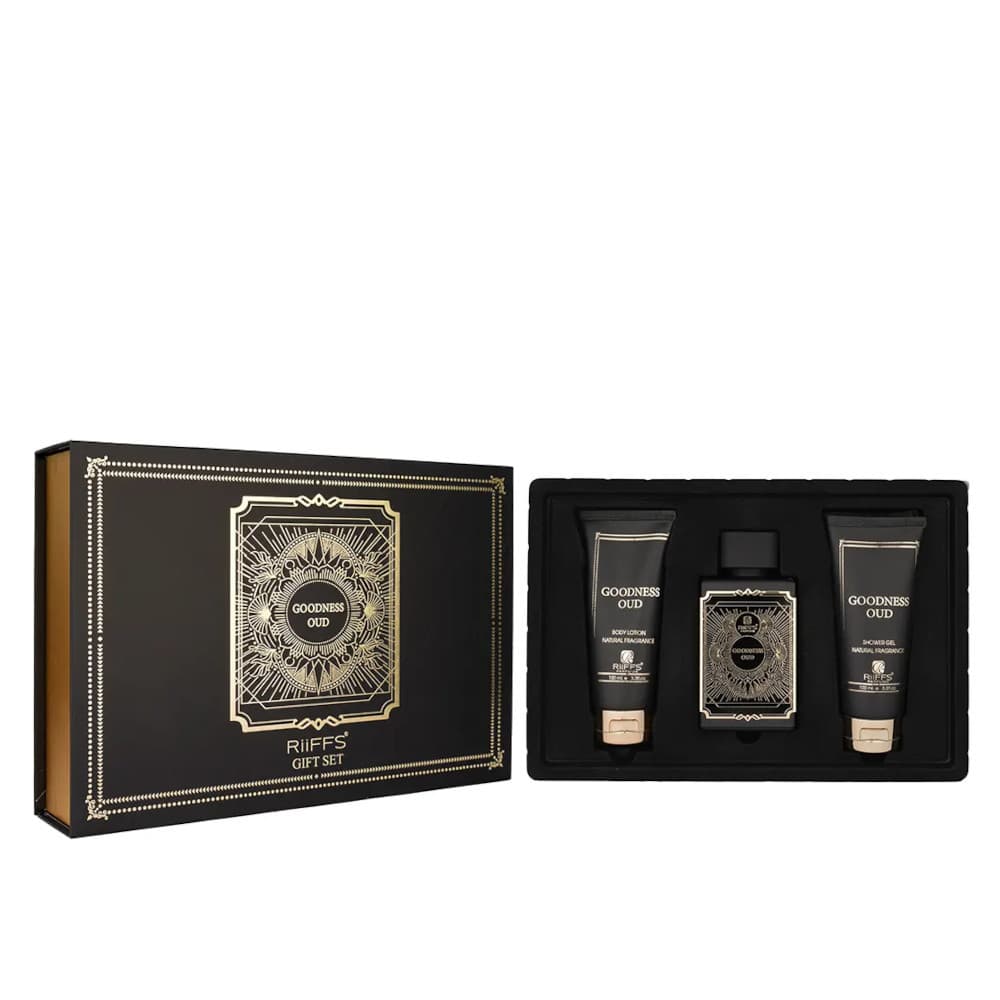 Coffret Goodness Oud Gel De Banho 100ml + Perfume Goodness Oud 100ml + Loção Corporal 100ml Perfume Masculino