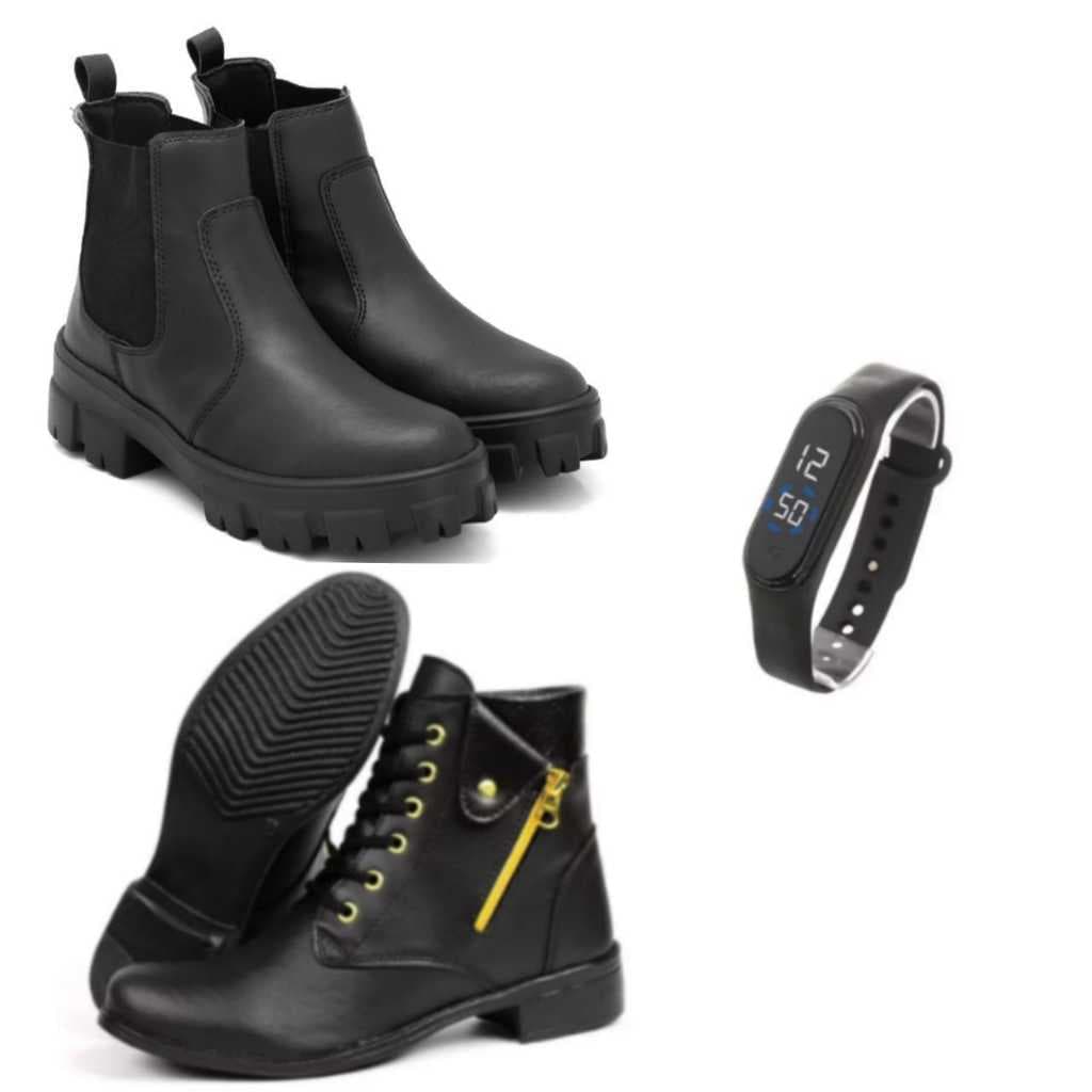 Coturno Feminino sem Bag Preto + Relógio + Coturno Botinha Cano Curto com zíper fake Preta