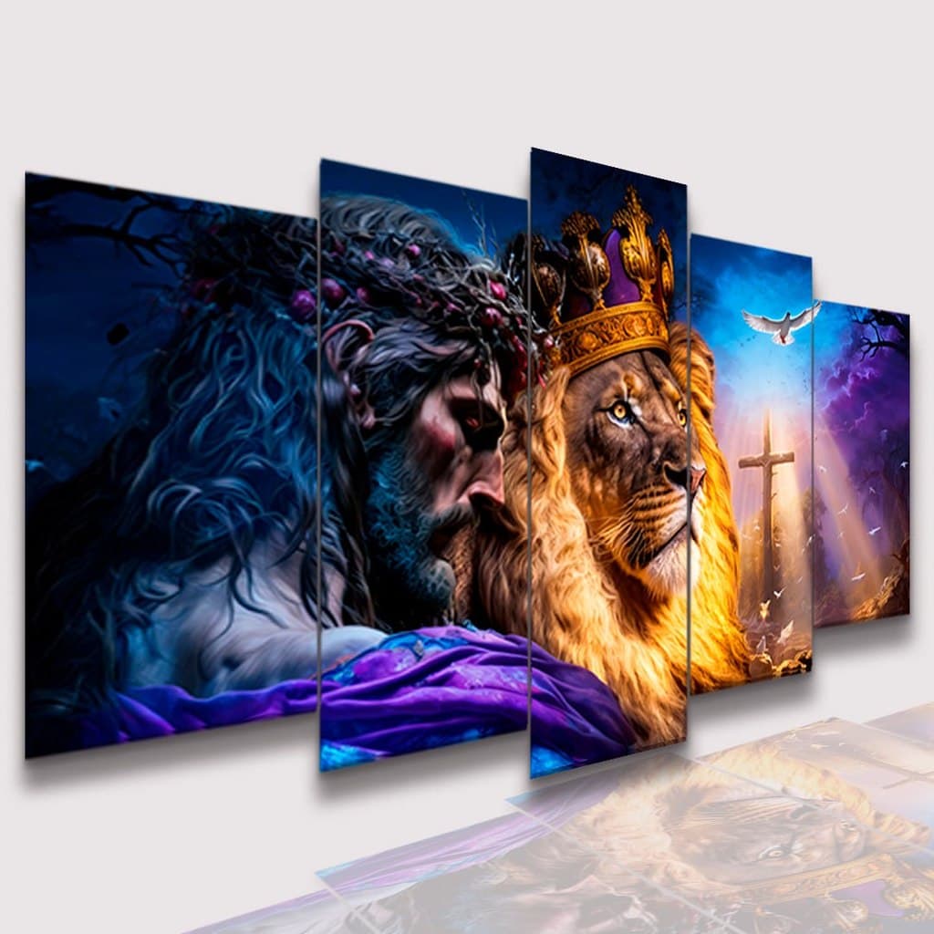 Conjunto de Quadros Decorativos Cristão Mosaico Leão de Judá Kit Parede Sala Quarto 02