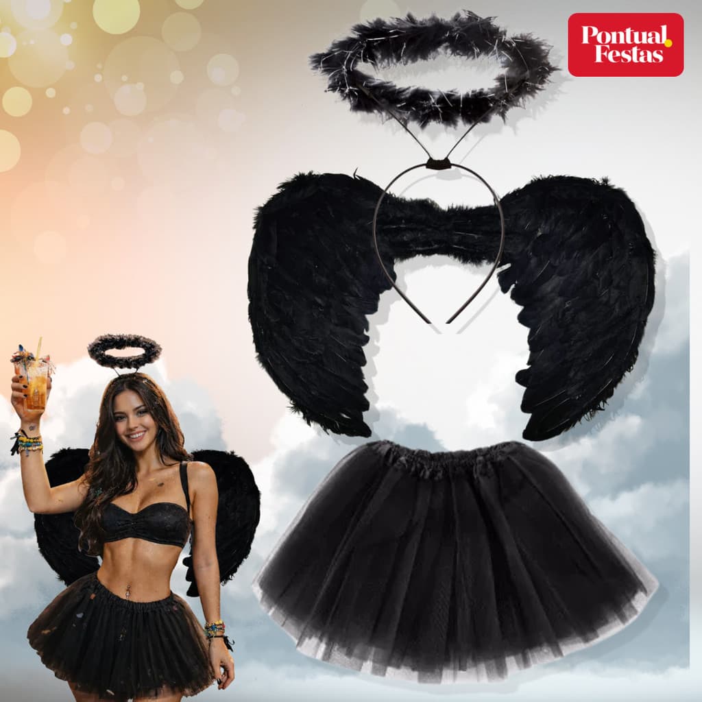 Kit Anjo Preto 3pçs com: Asa, Saia e Tiara Auréola. Fantasia Carnaval e Bloquinho