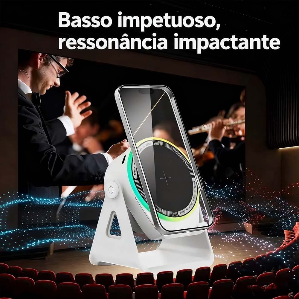 Suporte giratório para celular, carregamento sem fio por indução, alto-falante Bluetooth, amplificador de som Surround