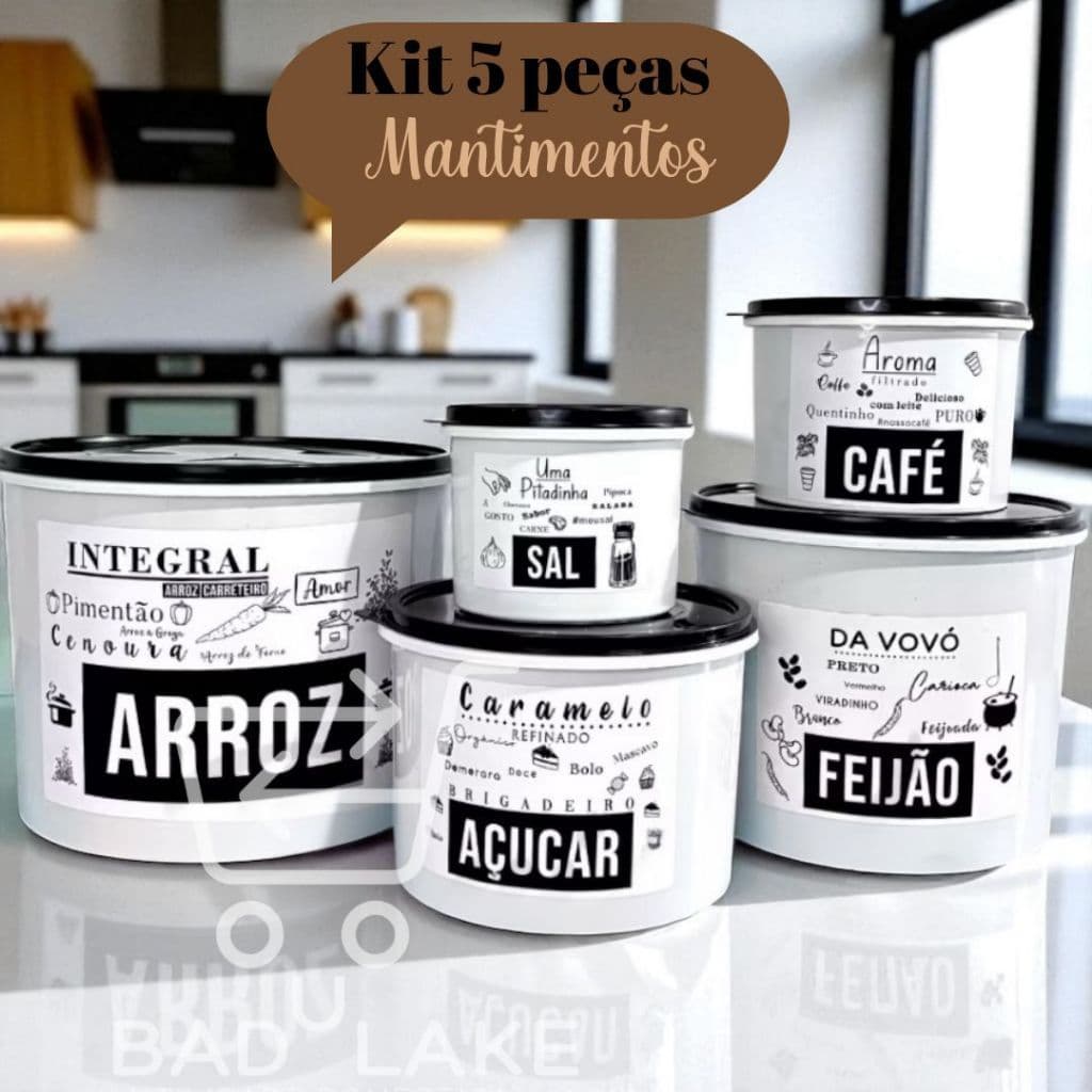 Kit 5 Potes De Mantimentos Plástico Decorado Jogo De Porta Mantimentos Adesivado