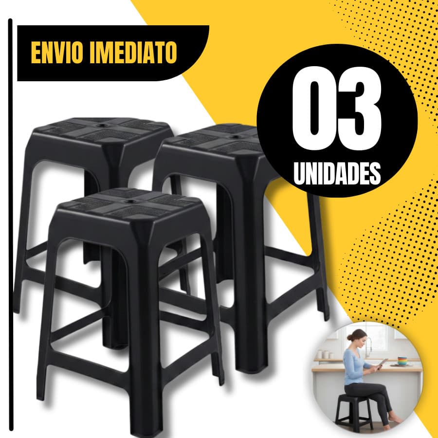 Kit 03 Banqueta Preta De Plástico Resistente Reforçada Adulto Suporta Até 120kg