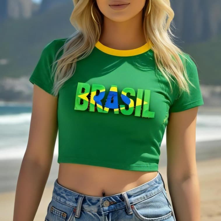 Cropped Camiseta Blusa Brasil Bandeira Verde Amarelo Seleção Futebol Copa Mundo Algodão Lançamento