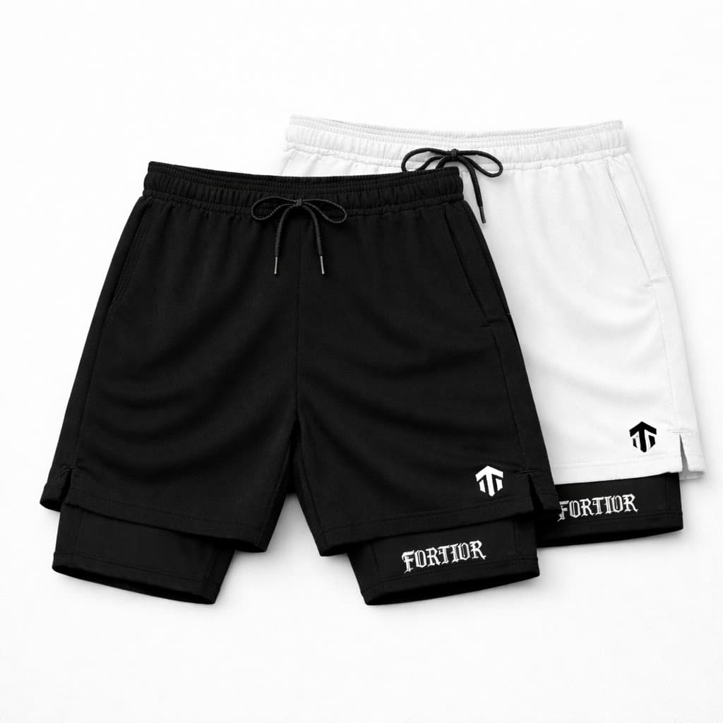 Fortior Kit 2 Shorts Fitness Masculino 2 em 1 Dry Fit Compressão Preto e Branco com Bolso Interno e Porta-Toalha