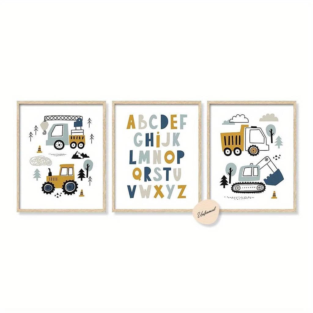 Quadro decorativo Tema Arquitetônico, Veículos Escavadoras e Guindastes, Cartaz de Letras alfabeto